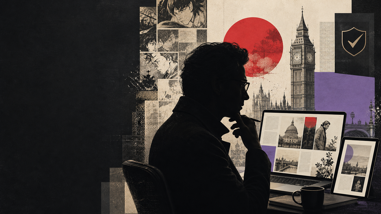 Abstract digital manga layout, UK map and editorial tools